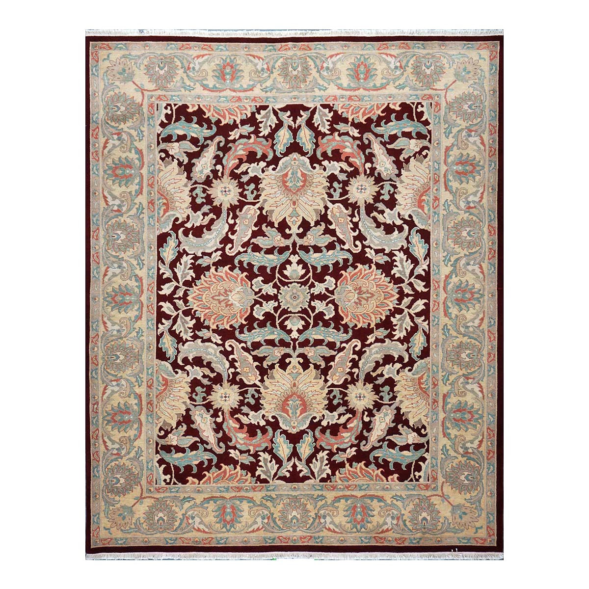 Chinese Oushak Wool 8x10 Burgundy & Tan Handmade Area Rug #1144285