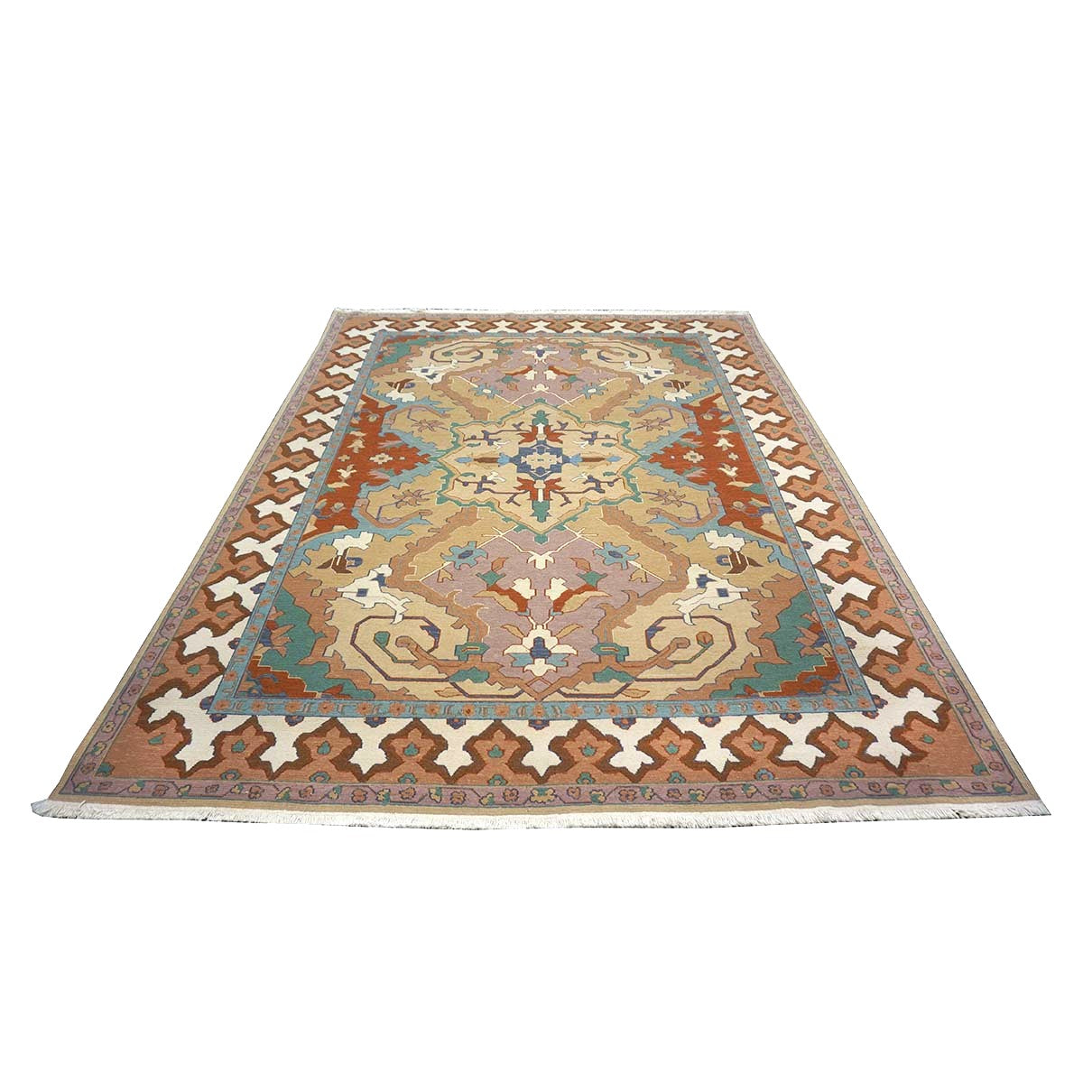 Chinese Serapi Sumack Wool 8x10 Tan, Rust & Teal Handmade Area Rug #1144286