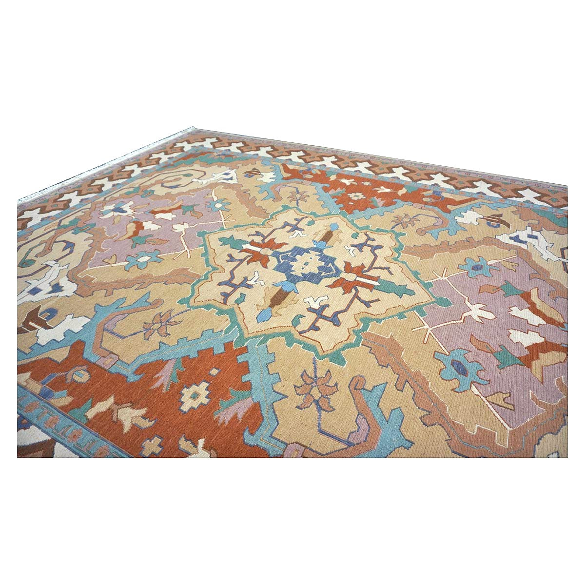 Chinese Serapi Sumack Wool 8x10 Tan, Rust & Teal Handmade Area Rug #1144286