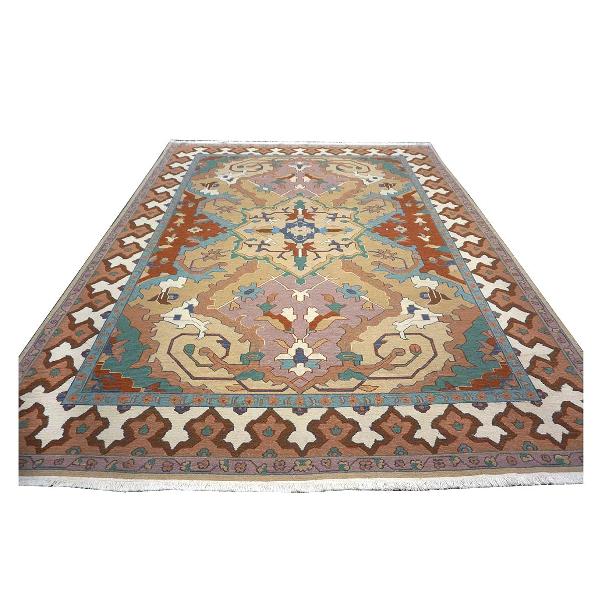 Chinese Serapi Sumack Wool 8x10 Tan, Rust & Teal Handmade Area Rug #1144286