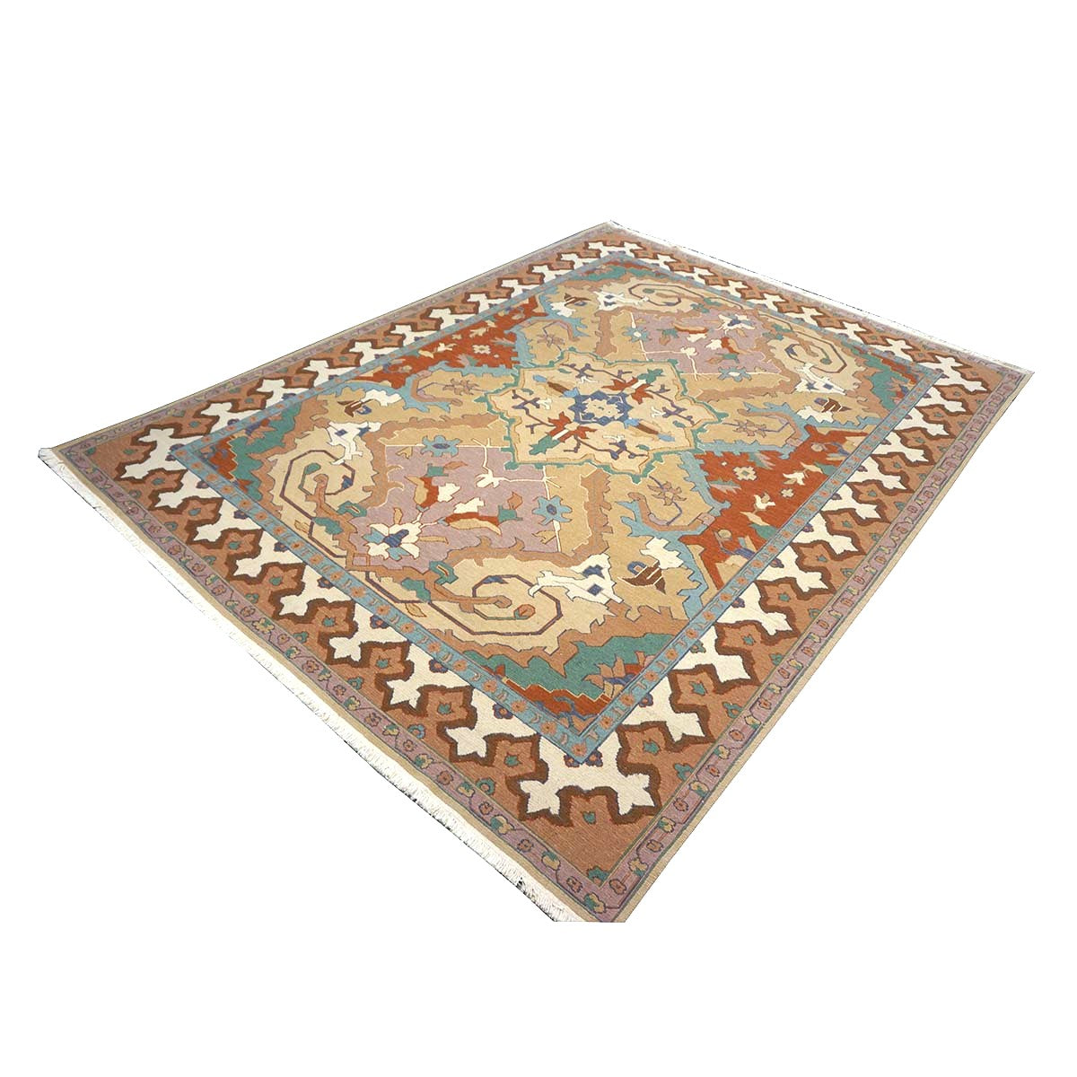 Chinese Serapi Sumack Wool 8x10 Tan, Rust & Teal Handmade Area Rug #1144286