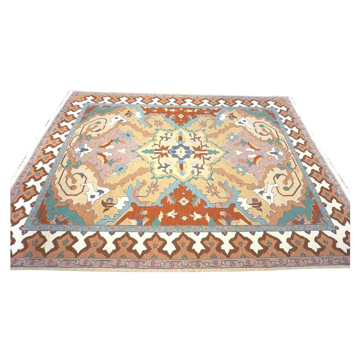 Chinese Serapi Sumack Wool 8x10 Tan, Rust & Teal Handmade Area Rug #1144286