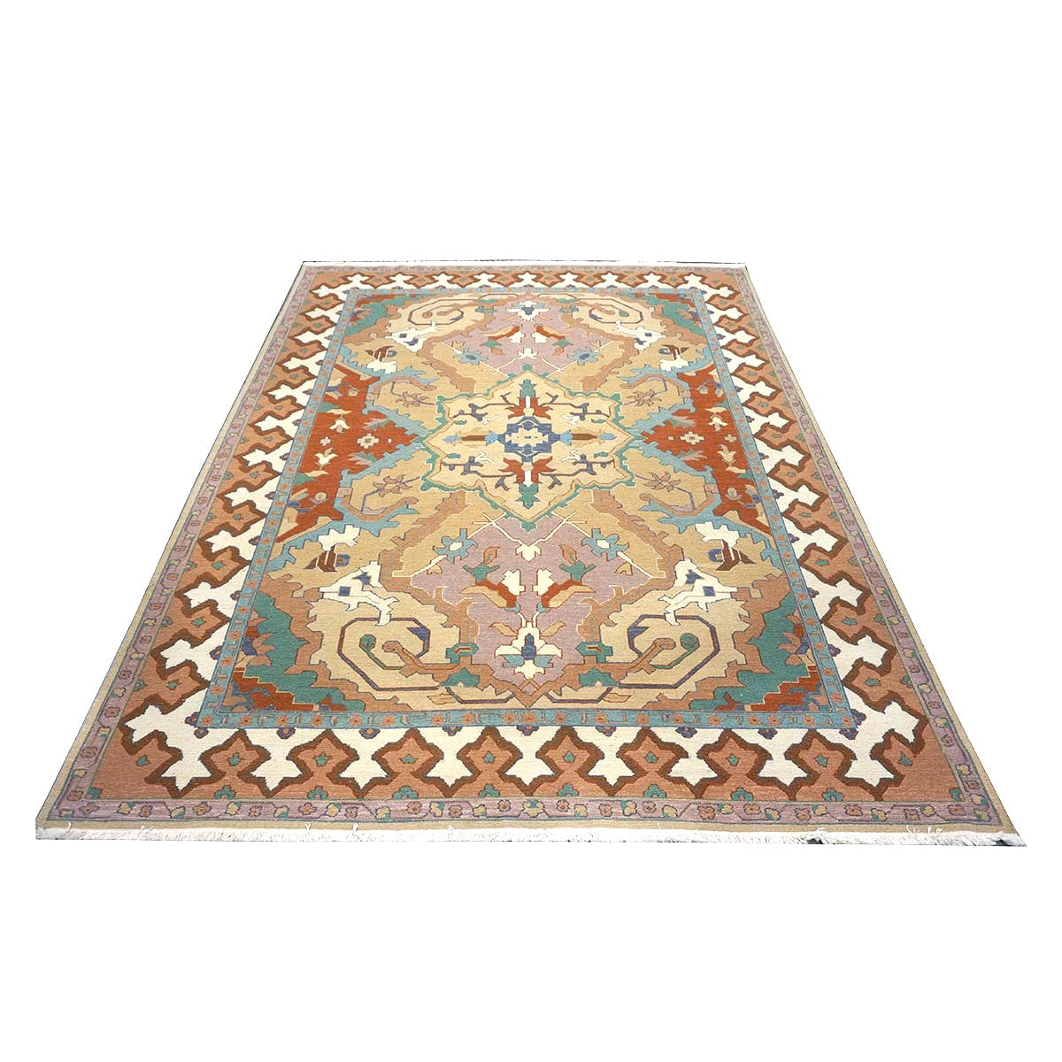 Chinese Serapi Sumack Wool 8x10 Tan, Rust & Teal Handmade Area Rug #1144286