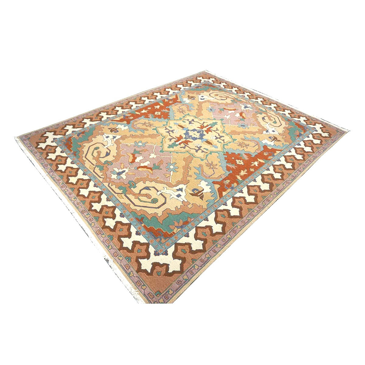 Chinese Serapi Sumack Wool 8x10 Tan, Rust & Teal Handmade Area Rug #1144286
