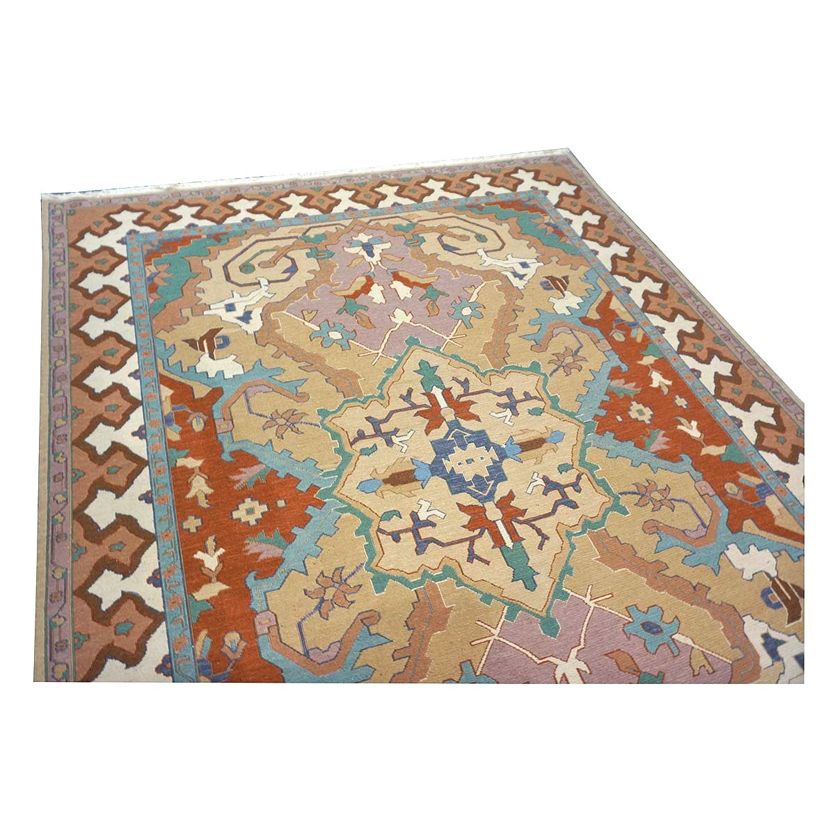 Chinese Serapi Sumack Wool 8x10 Tan, Rust & Teal Handmade Area Rug #1144286
