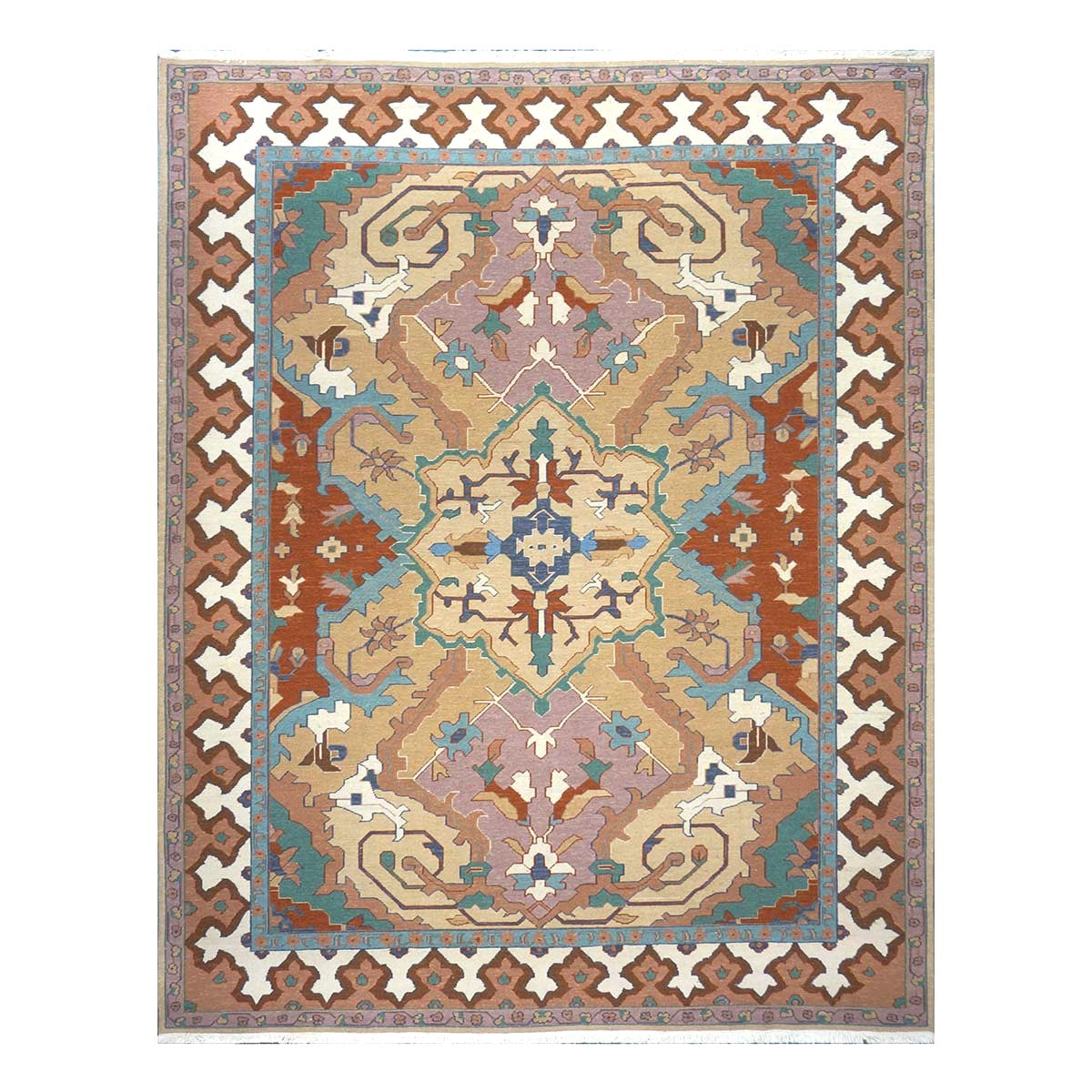 Chinese Serapi Sumack Wool 8x10 Tan, Rust & Teal Handmade Area Rug #1144286