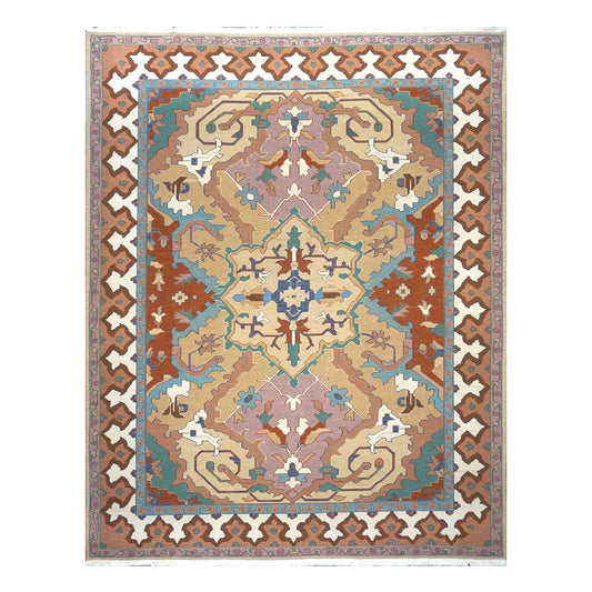 Chinese Serapi Sumack Wool 8x10 Tan, Rust & Teal Handmade Area Rug #1144286