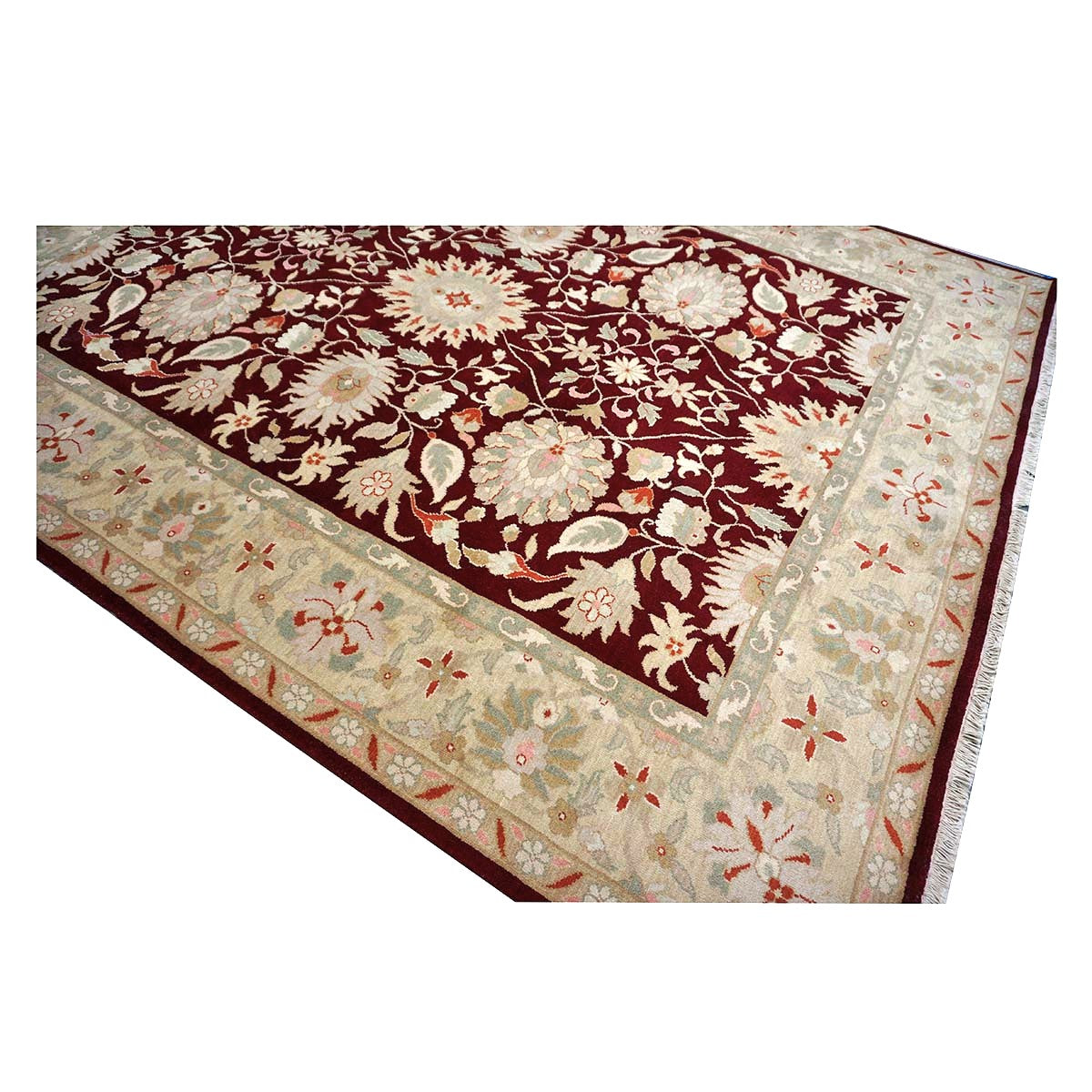 Chinese Oushak Wool 9x10 Burgundy & Tan Handmade Area Rug #1144290