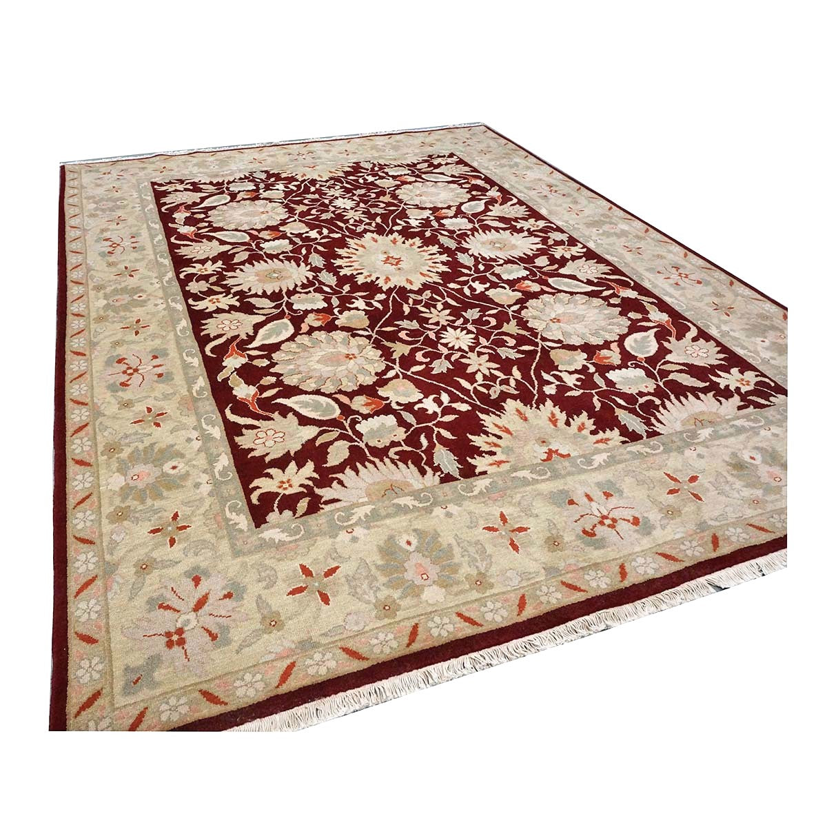 Chinese Oushak Wool 9x10 Burgundy & Tan Handmade Area Rug #1144290