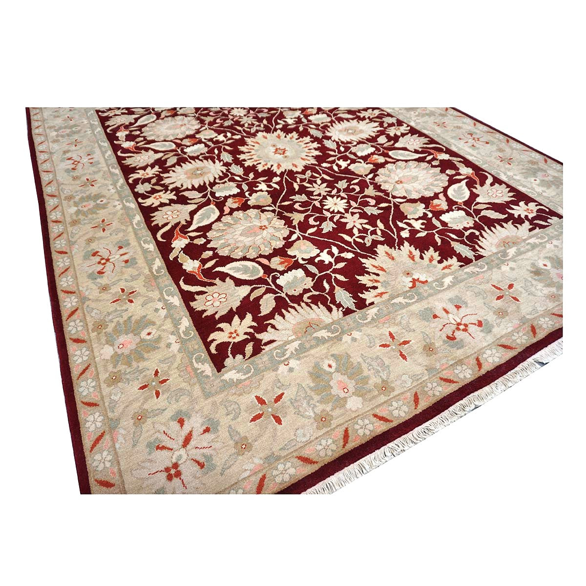 Chinese Oushak Wool 9x10 Burgundy & Tan Handmade Area Rug #1144290