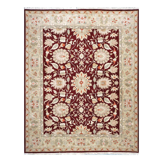 Chinese Oushak Wool 9x10 Burgundy & Tan Handmade Area Rug #1144290