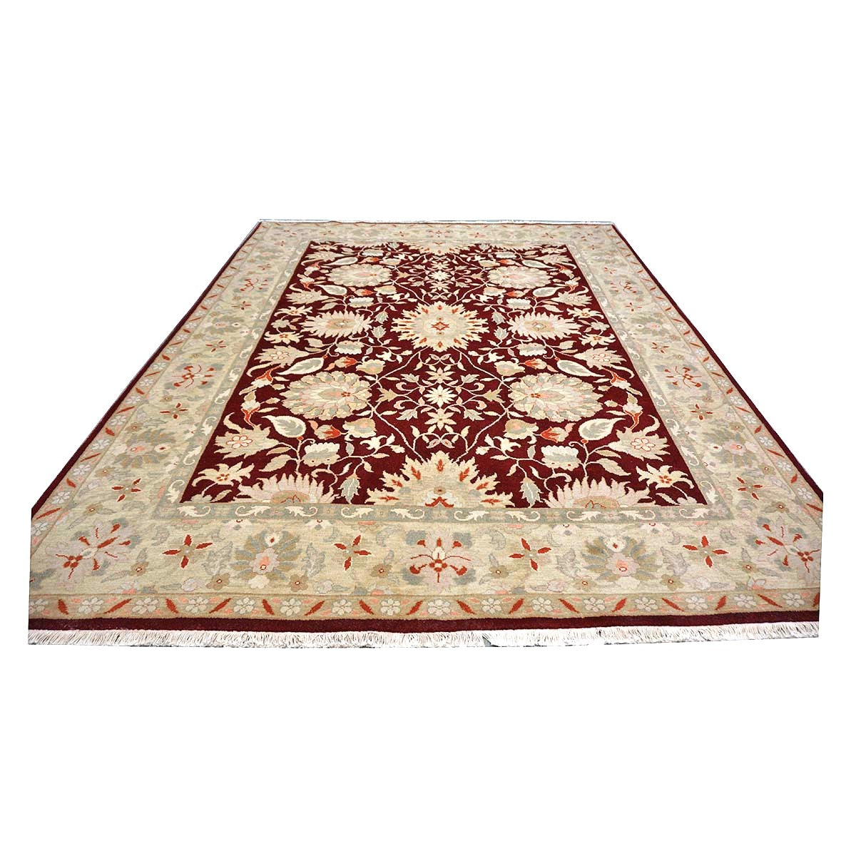 Chinese Oushak Wool 9x10 Burgundy & Tan Handmade Area Rug #1144290