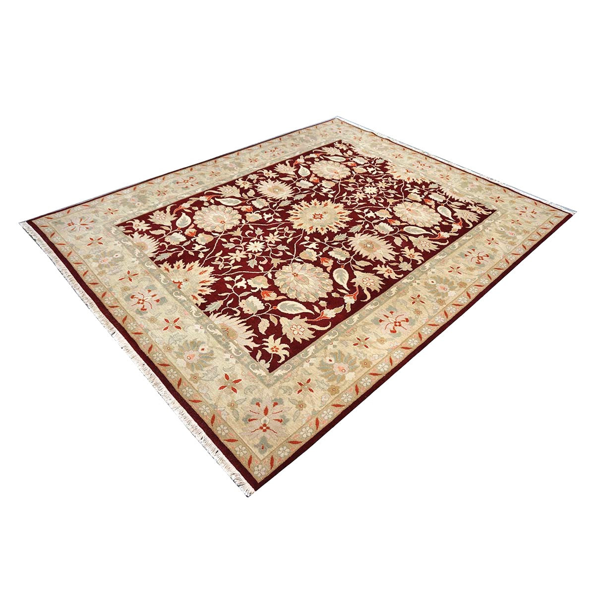Chinese Oushak Wool 9x10 Burgundy & Tan Handmade Area Rug #1144290
