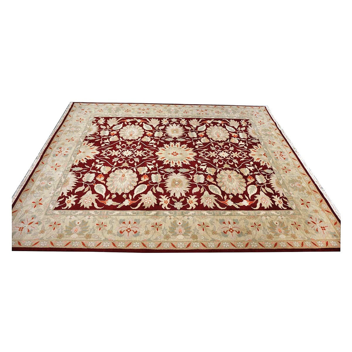 Chinese Oushak Wool 9x10 Burgundy & Tan Handmade Area Rug #1144290
