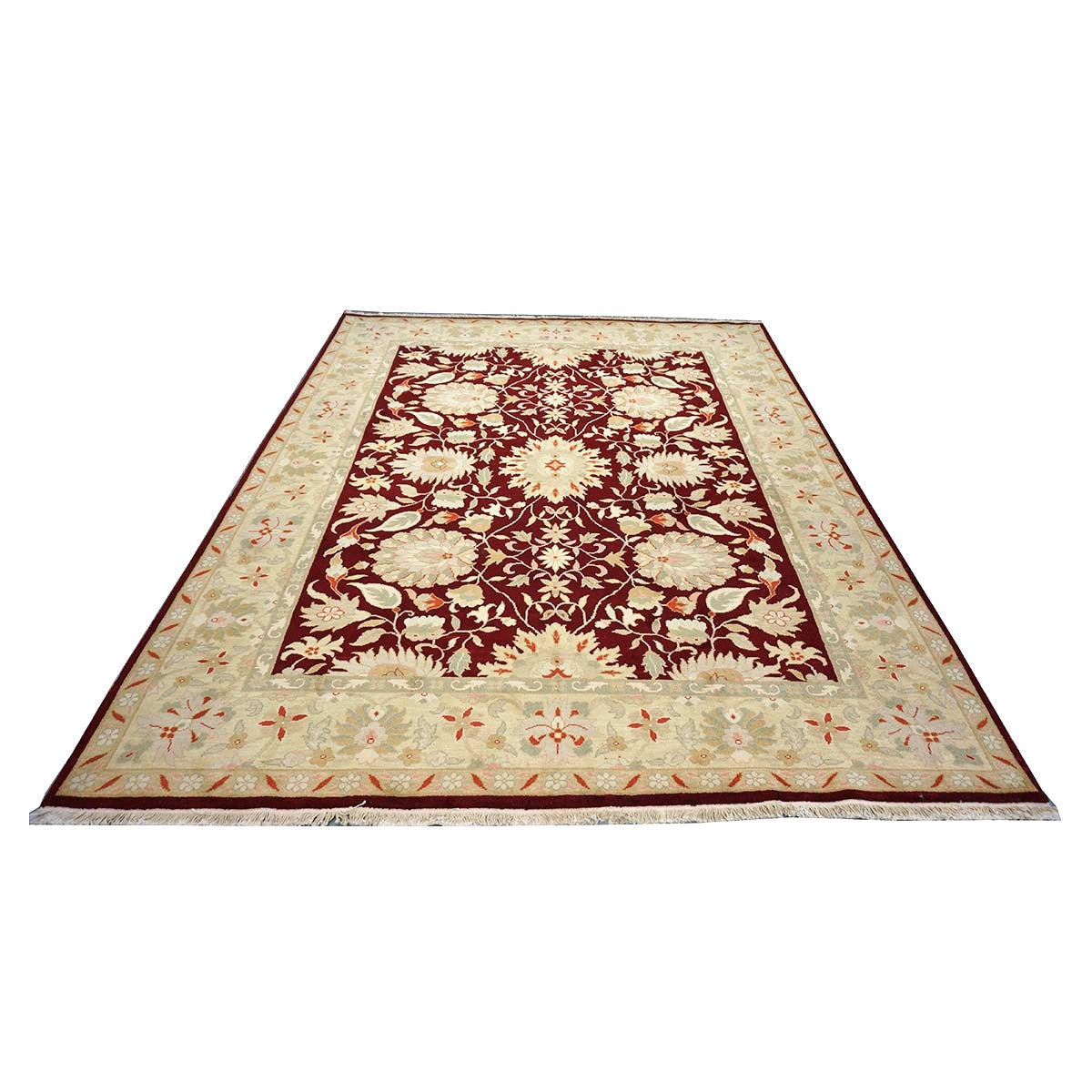Chinese Oushak Wool 9x10 Burgundy & Tan Handmade Area Rug #1144290