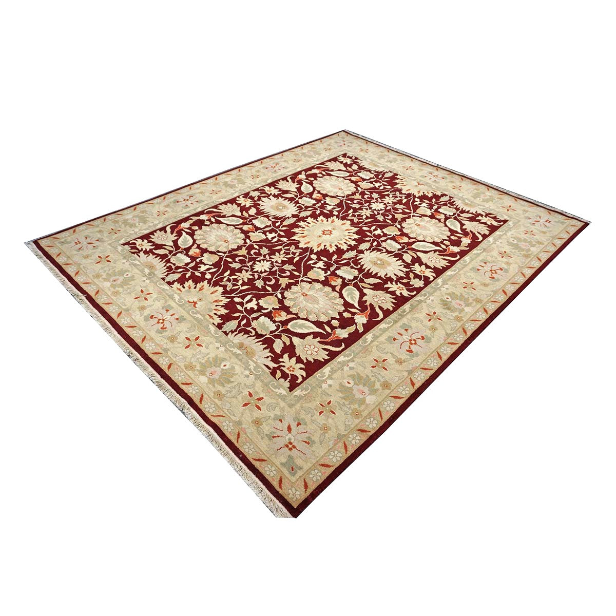 Chinese Oushak Wool 9x10 Burgundy & Tan Handmade Area Rug #1144290