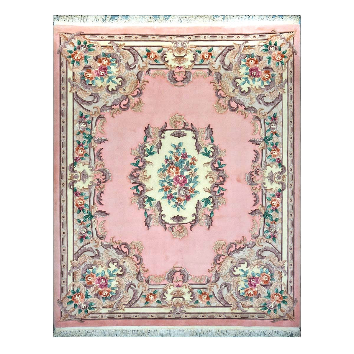 Chinese Abusson Wool 8x10 Pink, Light Blue & Ivory Handmade Area Rug #1144291