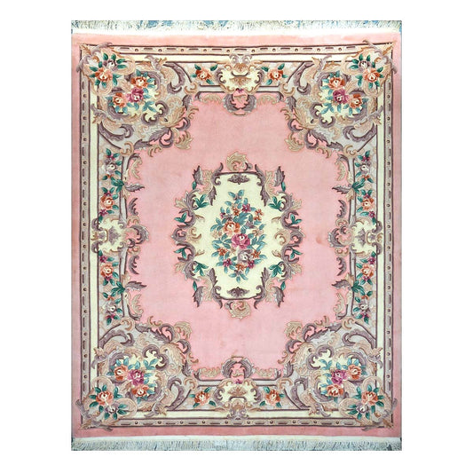 Chinese Abusson Wool 8x10 Pink, Light Blue & Ivory Handmade Area Rug #1144291