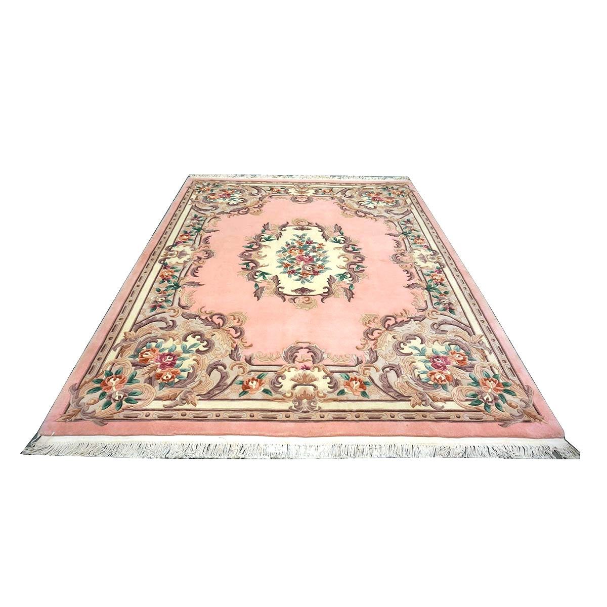 Chinese Abusson Wool 8x10 Pink, Light Blue & Ivory Handmade Area Rug #1144291