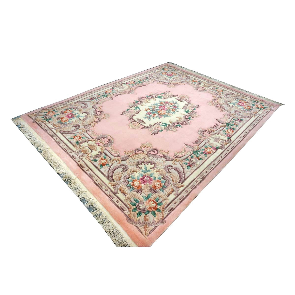 Chinese Abusson Wool 8x10 Pink, Light Blue & Ivory Handmade Area Rug #1144291
