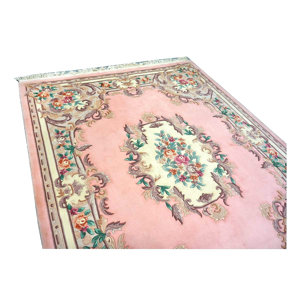 Chinese Abusson Wool 8x10 Pink, Light Blue & Ivory Handmade Area Rug #1144291