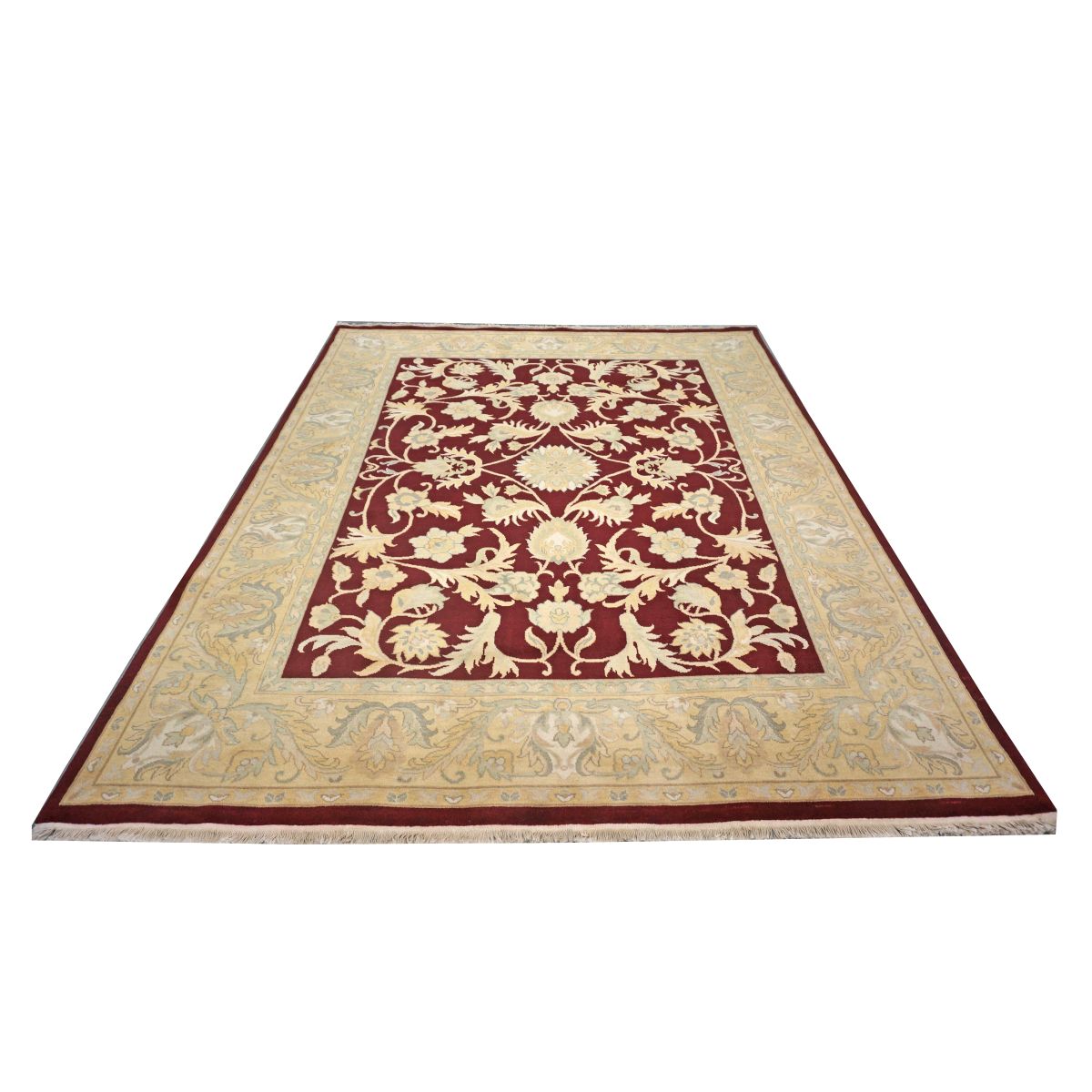 Chinese Oushak Wool 8x10 Burgundy & Tan Handmade Area Rug #1144292