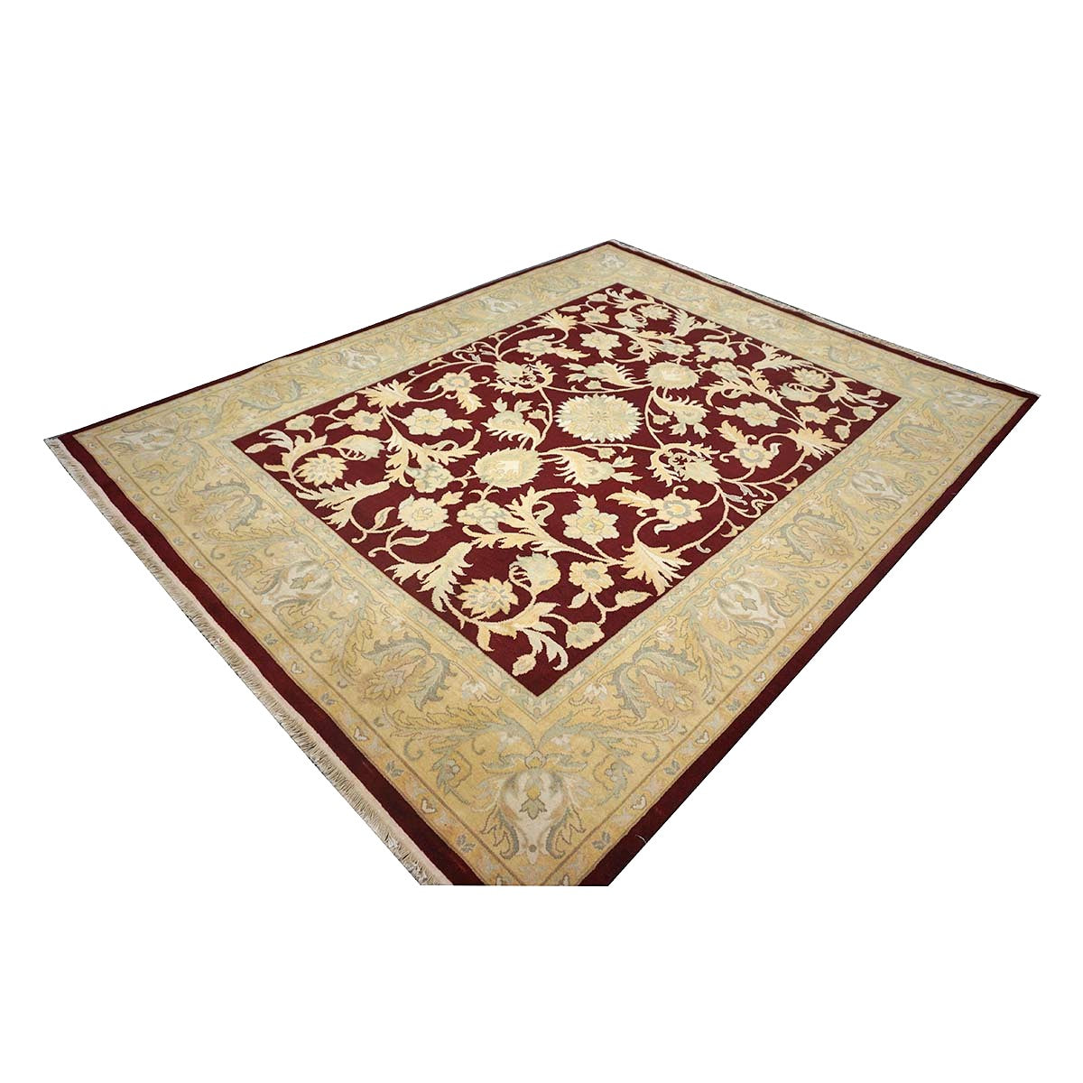 Chinese Oushak Wool 8x10 Burgundy & Tan Handmade Area Rug #1144292