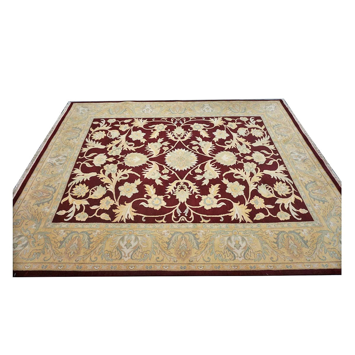Chinese Oushak Wool 8x10 Burgundy & Tan Handmade Area Rug #1144292