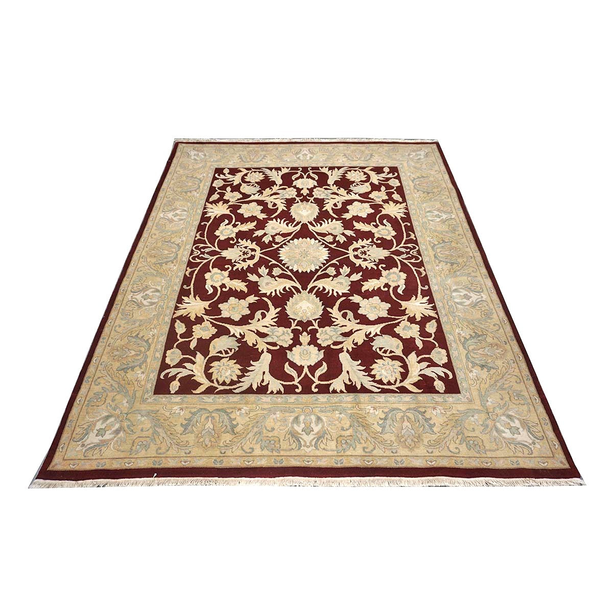 Chinese Oushak Wool 8x10 Burgundy & Tan Handmade Area Rug #1144292
