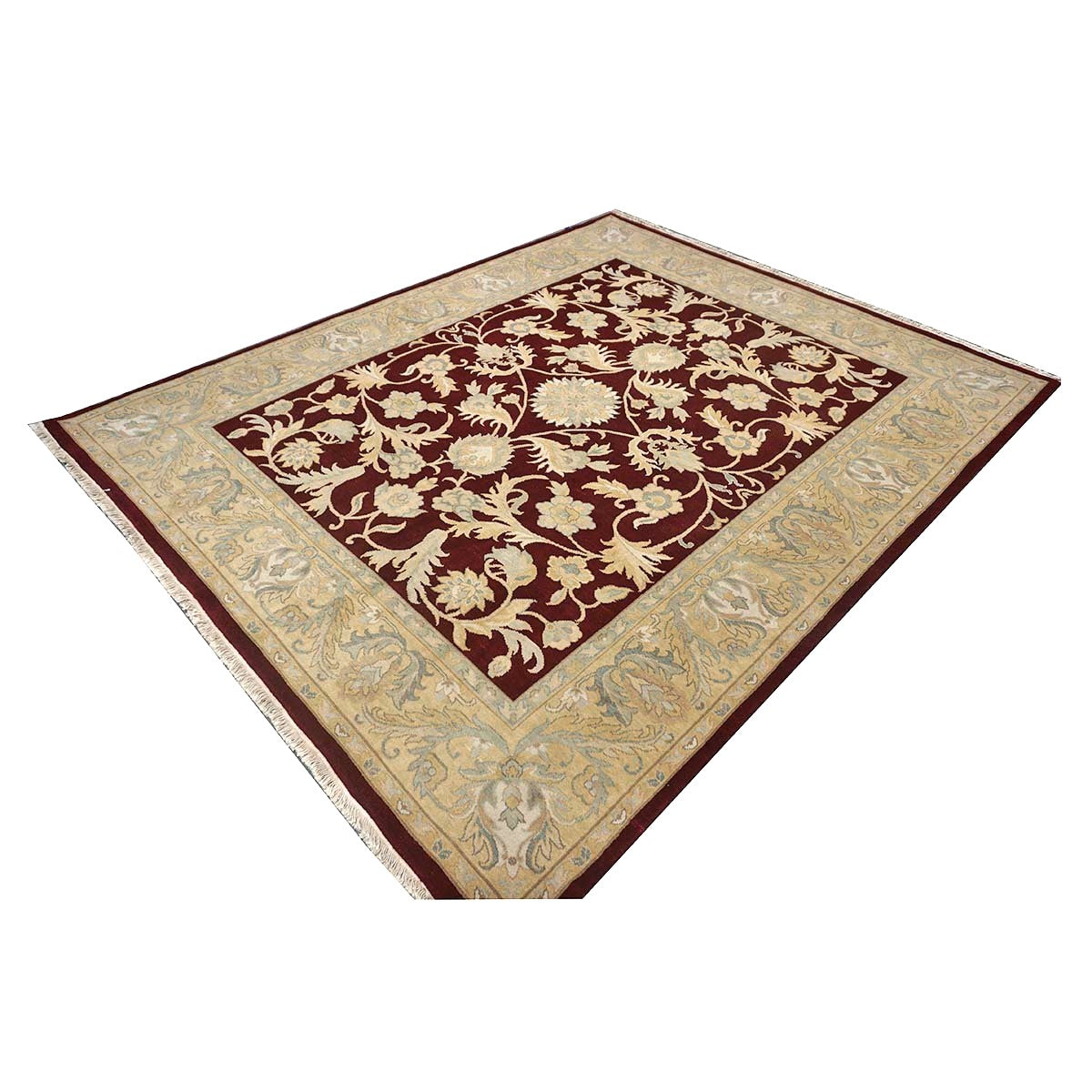 Chinese Oushak Wool 8x10 Burgundy & Tan Handmade Area Rug #1144292