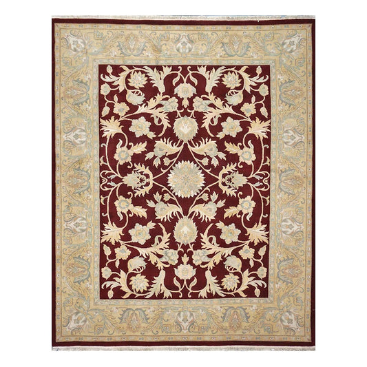 Chinese Oushak Wool 8x10 Burgundy & Tan Handmade Area Rug #1144292