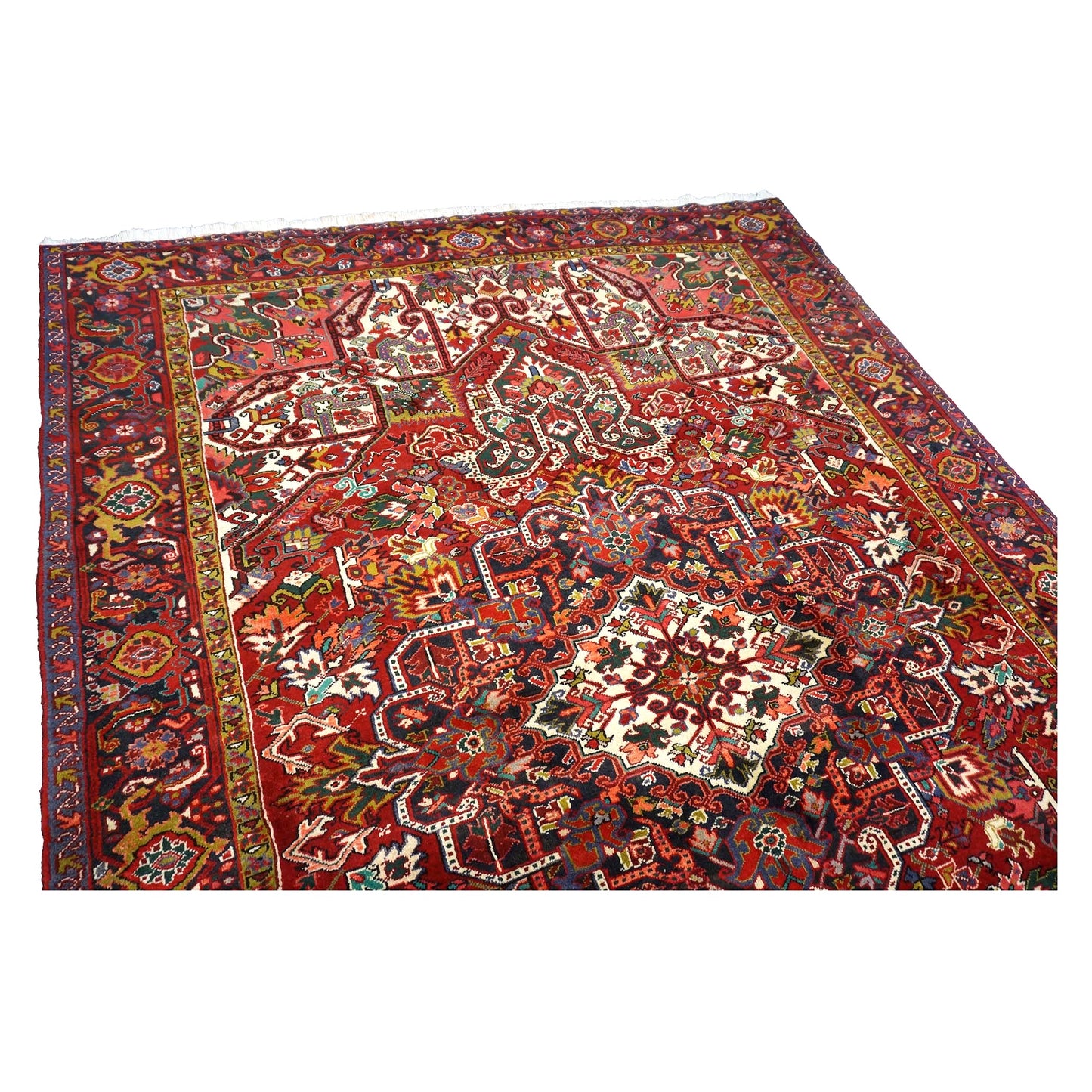 Vintage Persian Heriz Wool 8x11 Red, Ivory & Blue Handmade Area Rug # 1144704