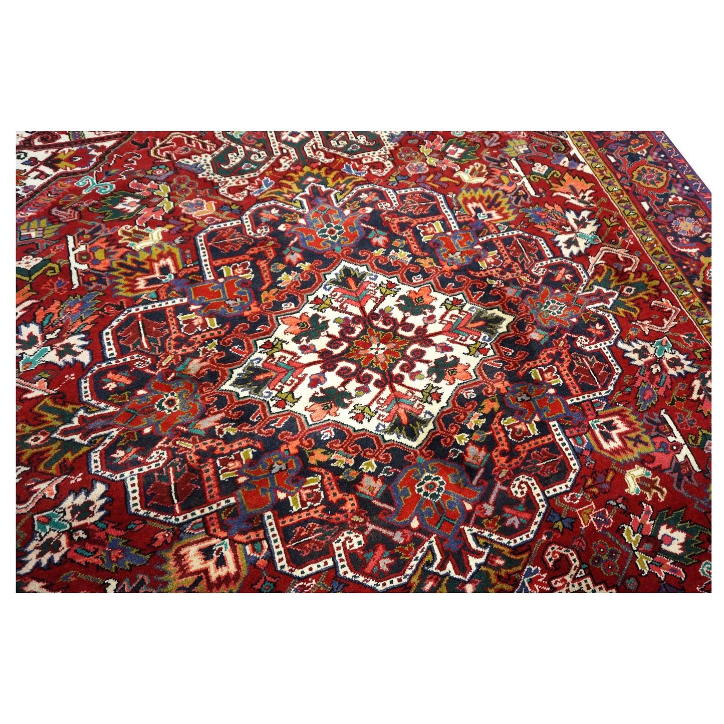 Vintage Persian Heriz Wool 8x11 Red, Ivory & Blue Handmade Area Rug # 1144704