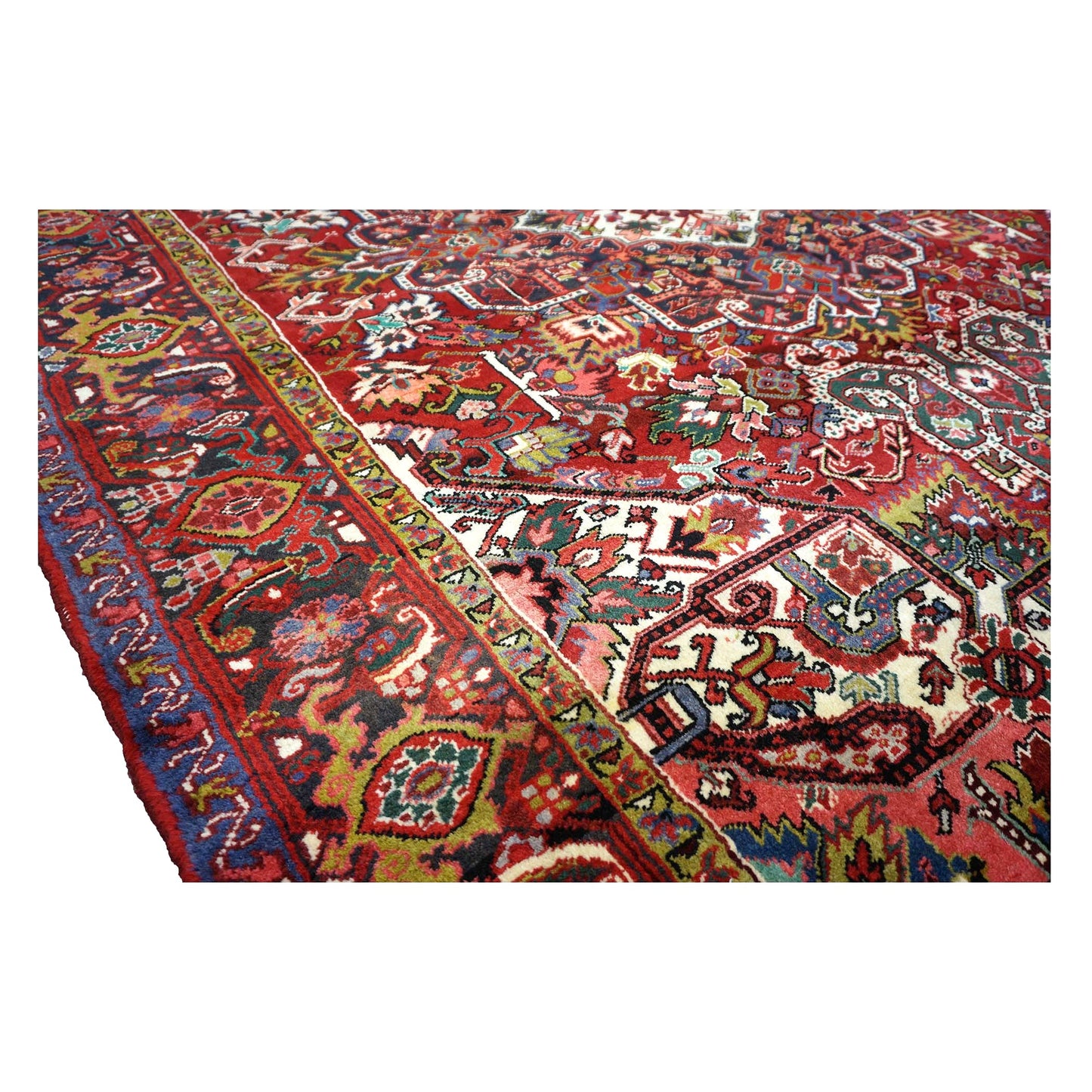 Vintage Persian Heriz Wool 8x11 Red, Ivory & Blue Handmade Area Rug # 1144704