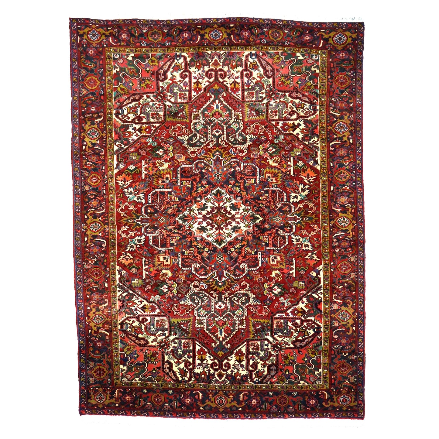 Vintage Persian Heriz Wool 8x11 Red, Ivory & Blue Handmade Area Rug # 1144704