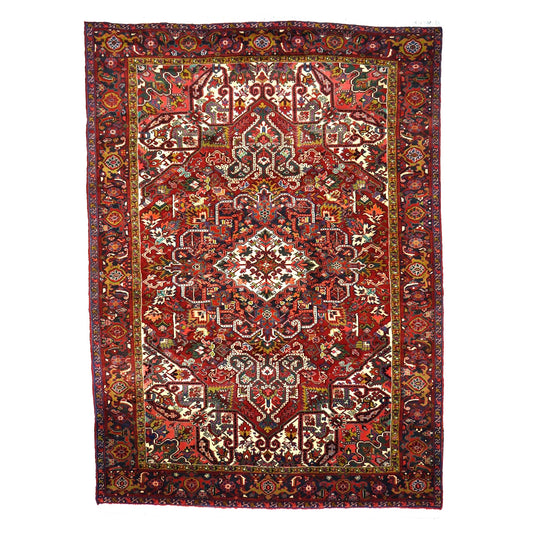 Vintage Persian Heriz Wool 8x11 Red, Ivory & Blue Handmade Area Rug # 1144704