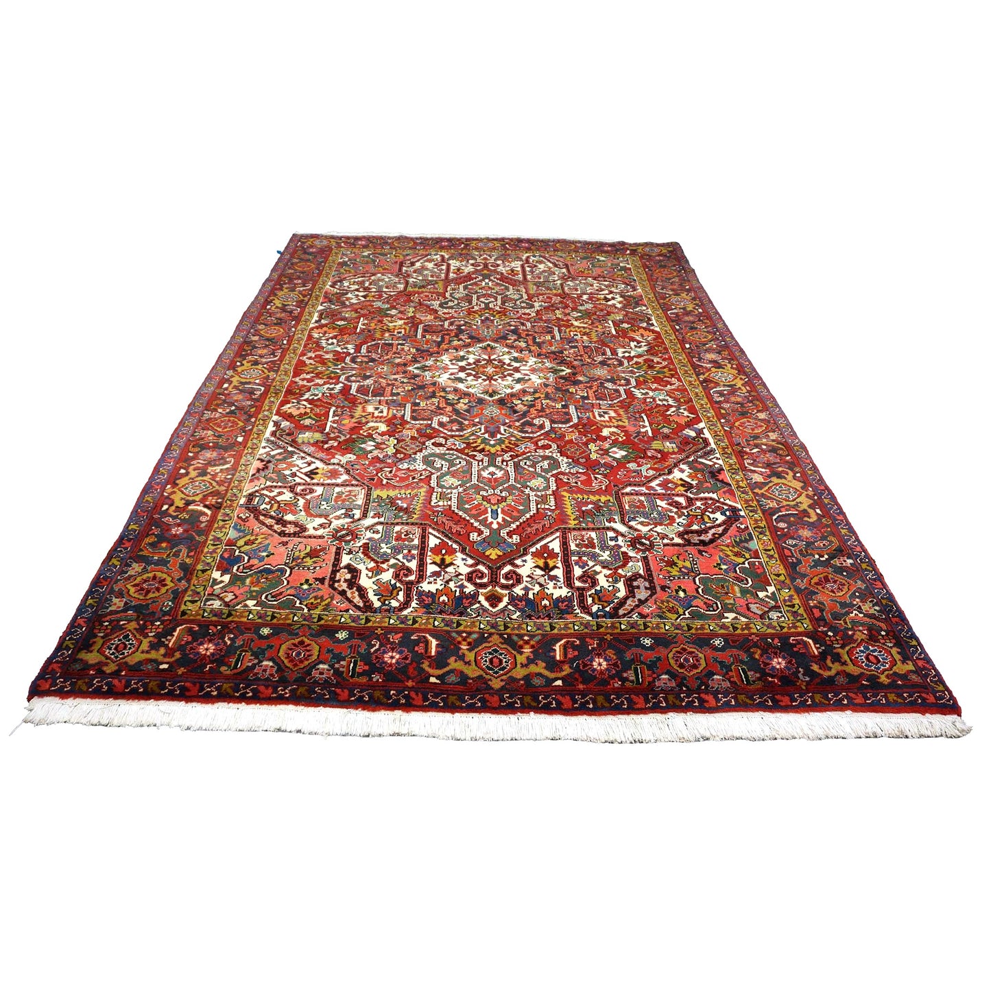 Vintage Persian Heriz Wool 8x11 Red, Ivory & Blue Handmade Area Rug # 1144704