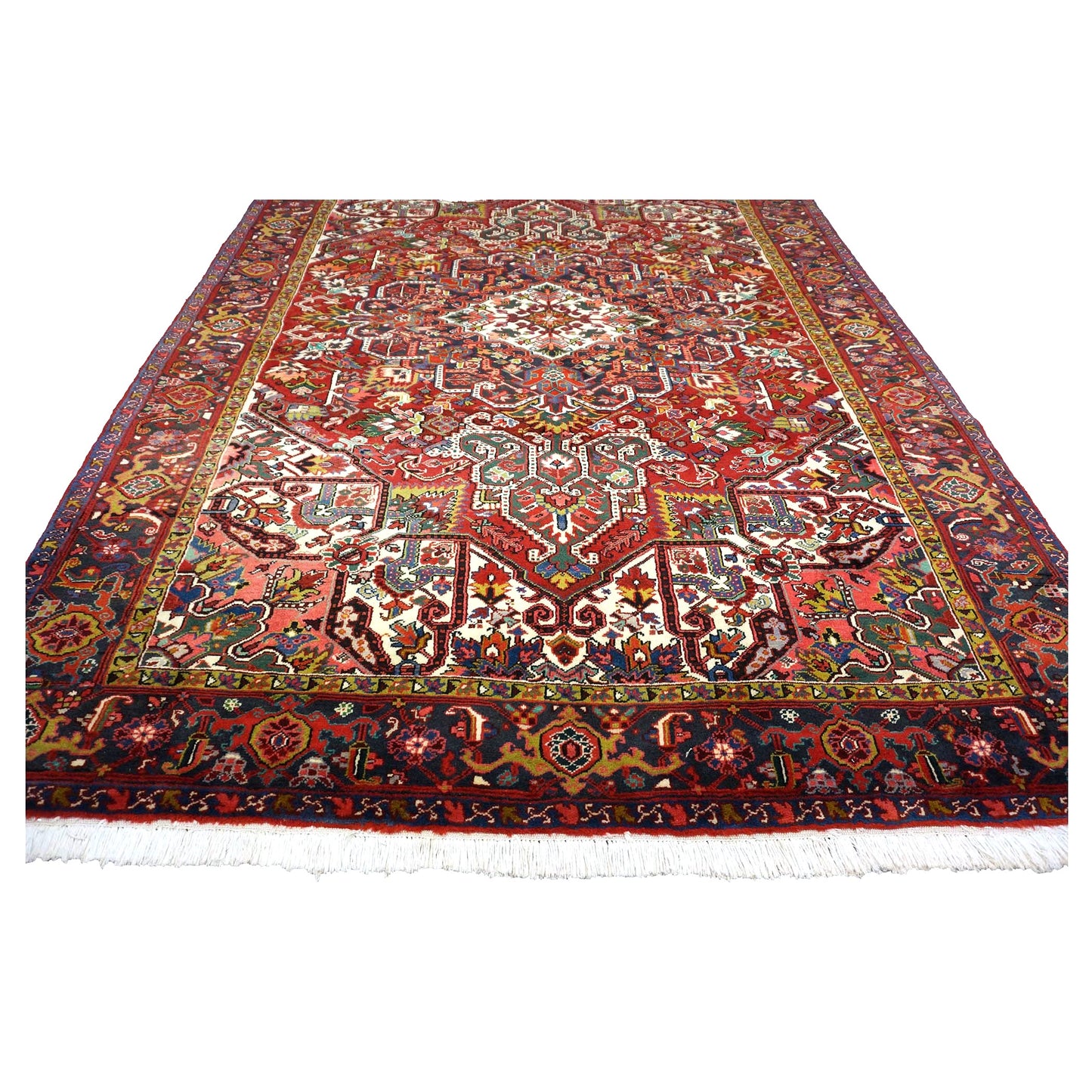 Vintage Persian Heriz Wool 8x11 Red, Ivory & Blue Handmade Area Rug # 1144704
