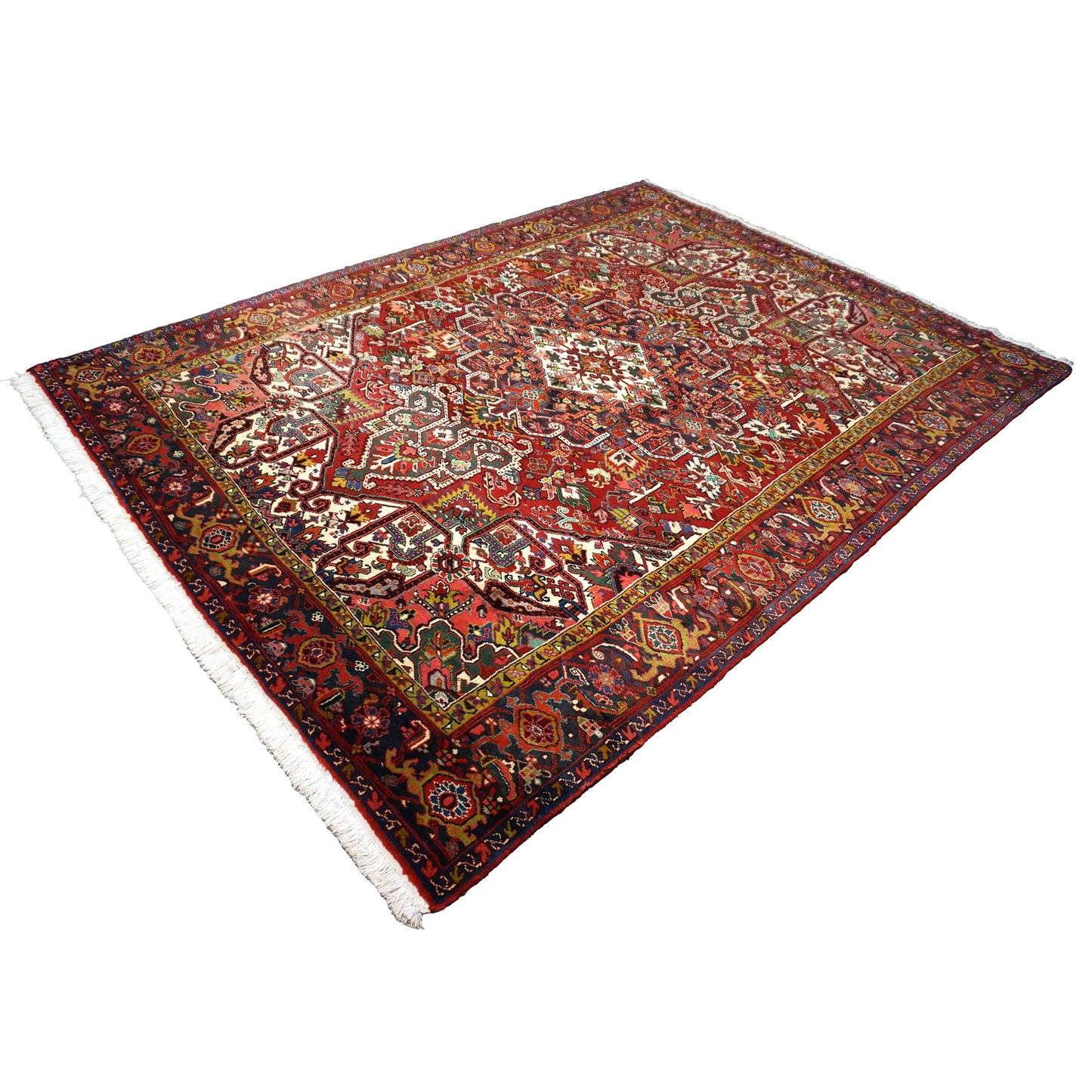 Vintage Persian Heriz Wool 8x11 Red, Ivory & Blue Handmade Area Rug # 1144704
