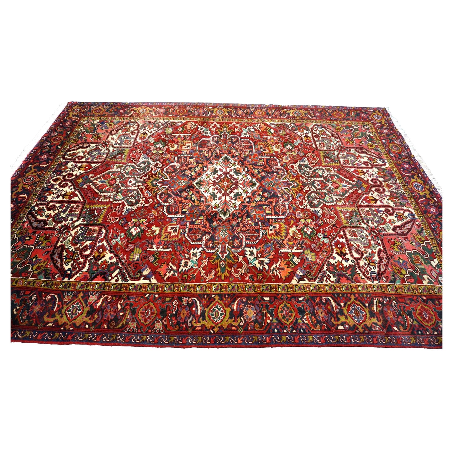 Vintage Persian Heriz Wool 8x11 Red, Ivory & Blue Handmade Area Rug # 1144704