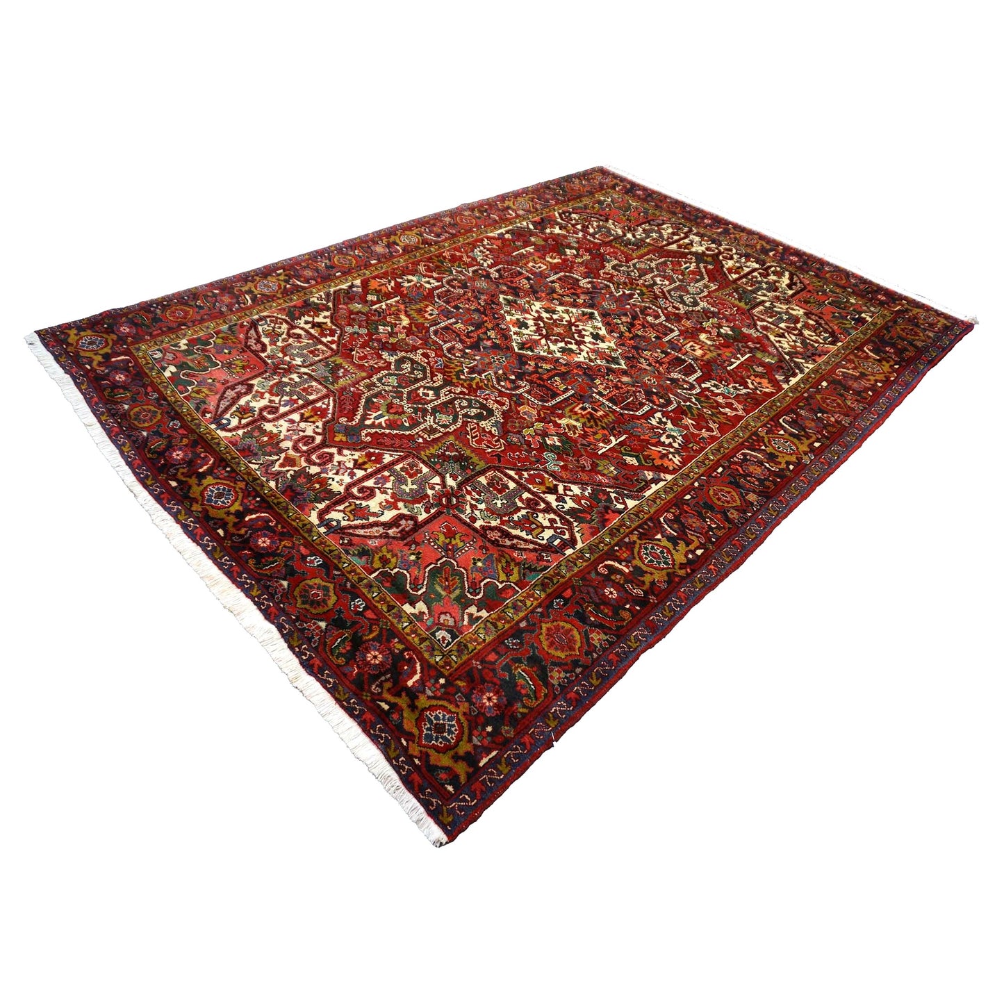 Vintage Persian Heriz Wool 8x11 Red, Ivory & Blue Handmade Area Rug # 1144704