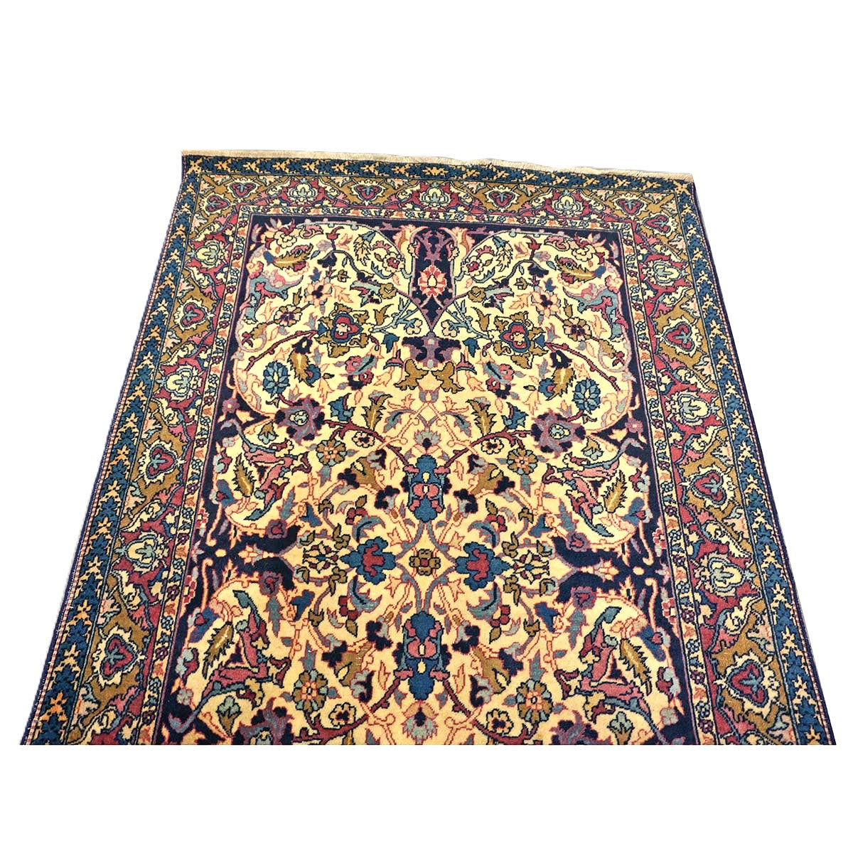 Antique Persian Yazd Wool 4x6 Ivory, Blue & Plum Handmade Area Rug #1144705