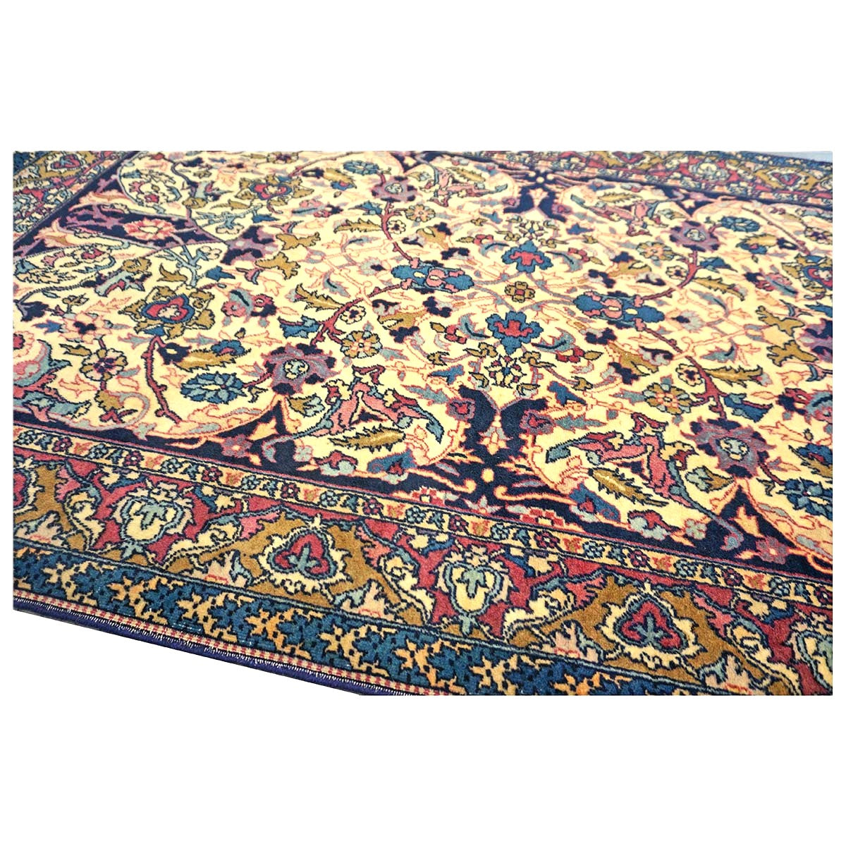 Antique Persian Yazd Wool 4x6 Ivory, Blue & Plum Handmade Area Rug #1144705