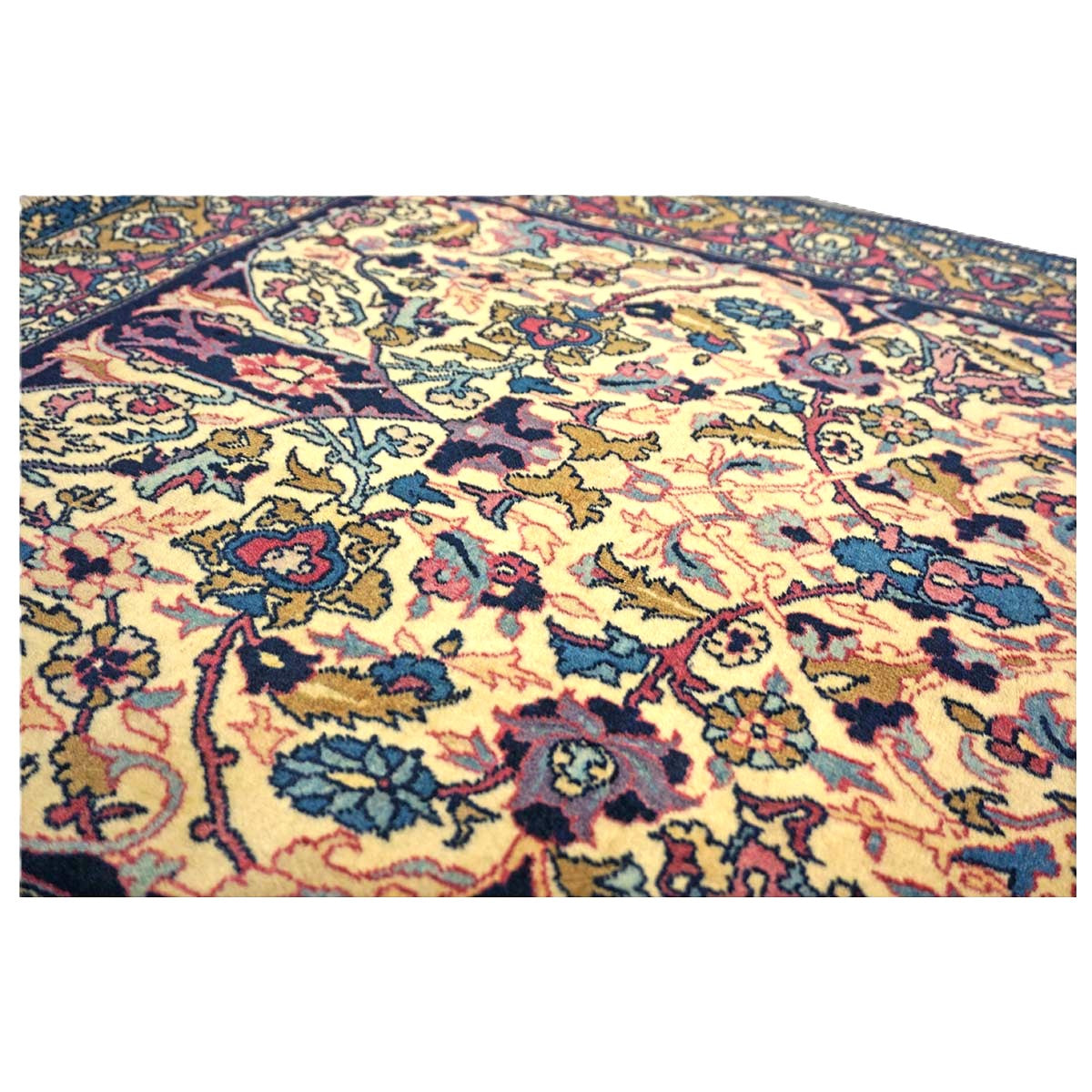 Antique Persian Yazd Wool 4x6 Ivory, Blue & Plum Handmade Area Rug #1144705