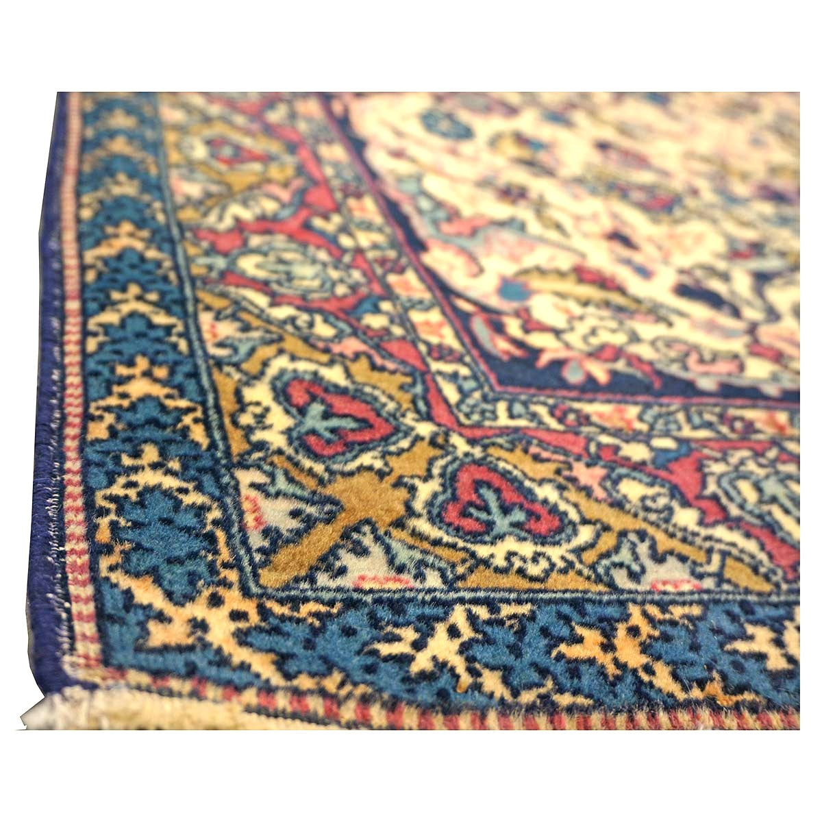Antique Persian Yazd Wool 4x6 Ivory, Blue & Plum Handmade Area Rug #1144705