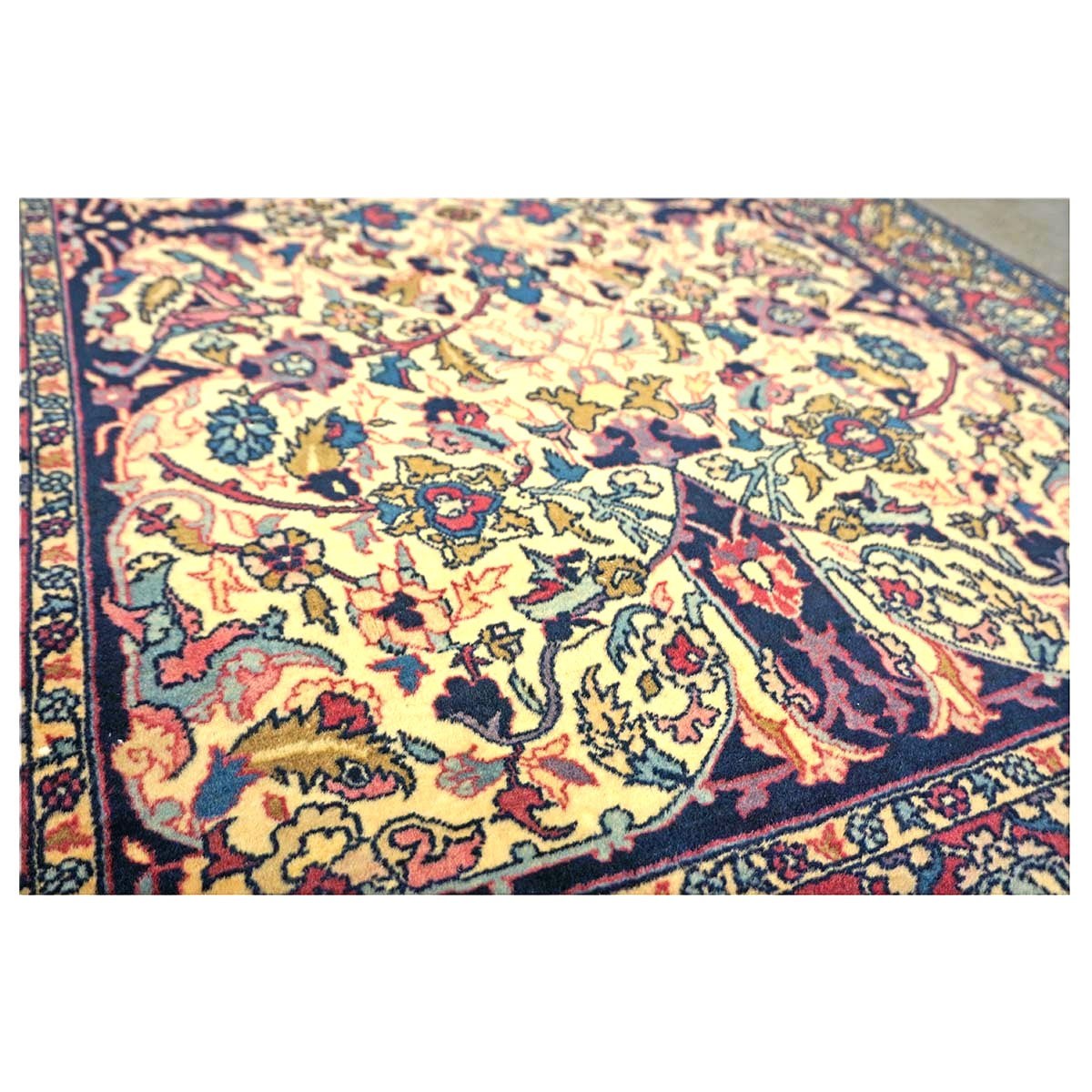 Antique Persian Yazd Wool 4x6 Ivory, Blue & Plum Handmade Area Rug #1144705