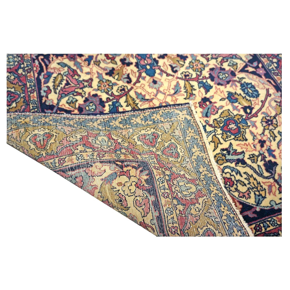 Antique Persian Yazd Wool 4x6 Ivory, Blue & Plum Handmade Area Rug #1144705