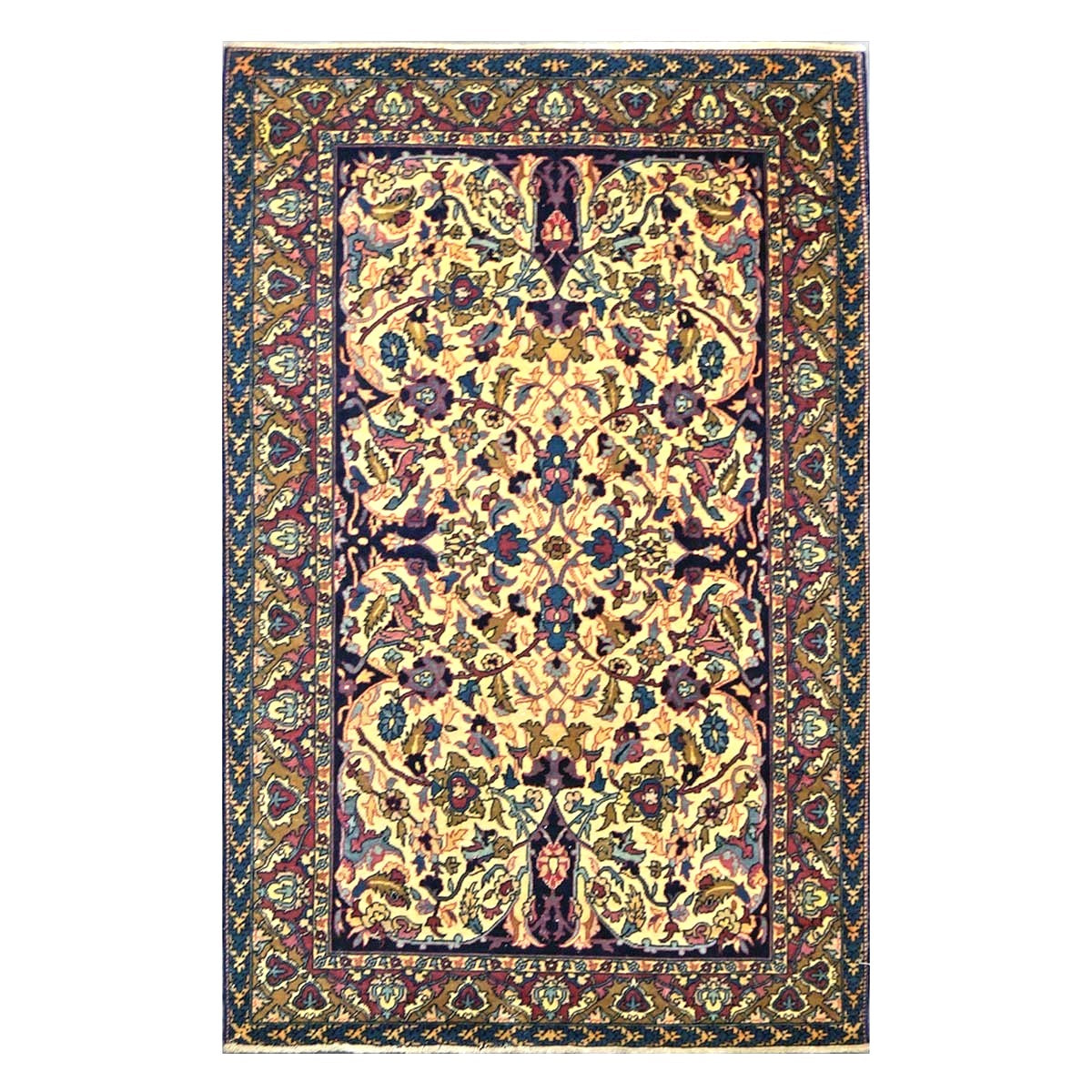 Antique Persian Yazd Wool 4x6 Ivory, Blue & Plum Handmade Area Rug #1144705