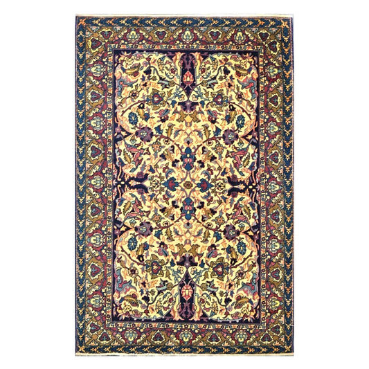 Antique Persian Yazd Wool 4x6 Ivory, Blue & Plum Handmade Area Rug #1144705