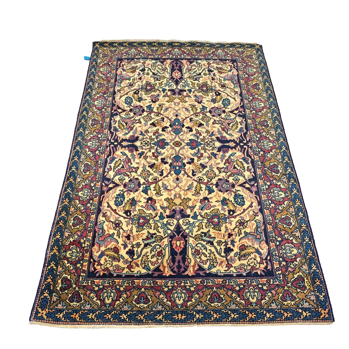 Antique Persian Yazd Wool 4x6 Ivory, Blue & Plum Handmade Area Rug #1144705